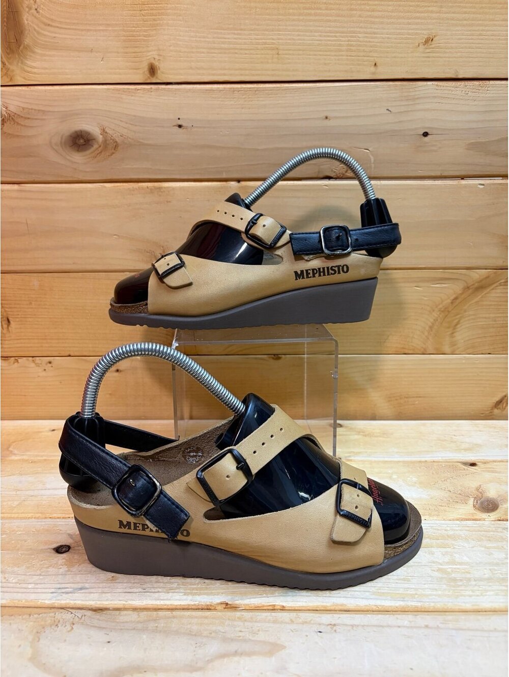MEPHISTO Tan & Black Leather Wedge Elka Sandals Size 37 - Womens 7